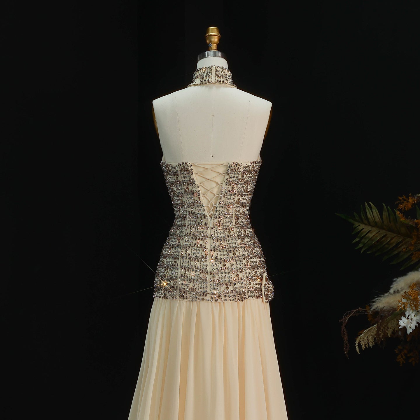 Sweetheart Gold Evening Dress with All-Over Crystal Beading & Flowy SS504 Sheer Fairy