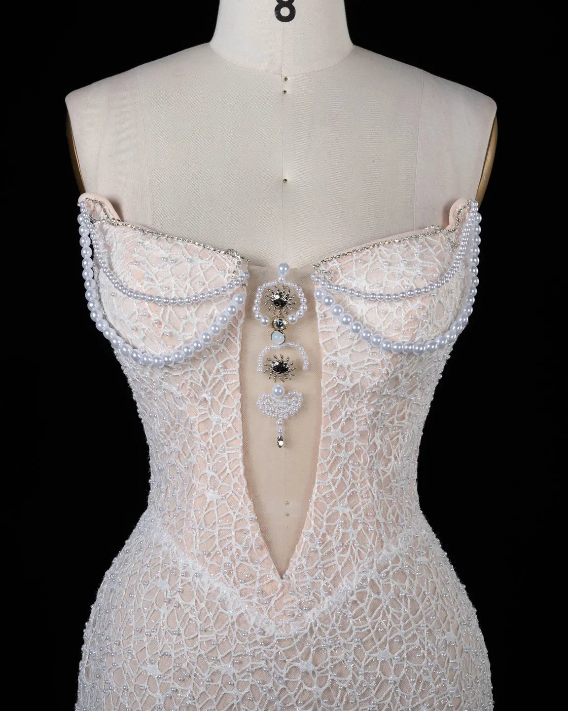 White Pearl Beaded Strapless Evening Dress ST102 Sheer Fairy