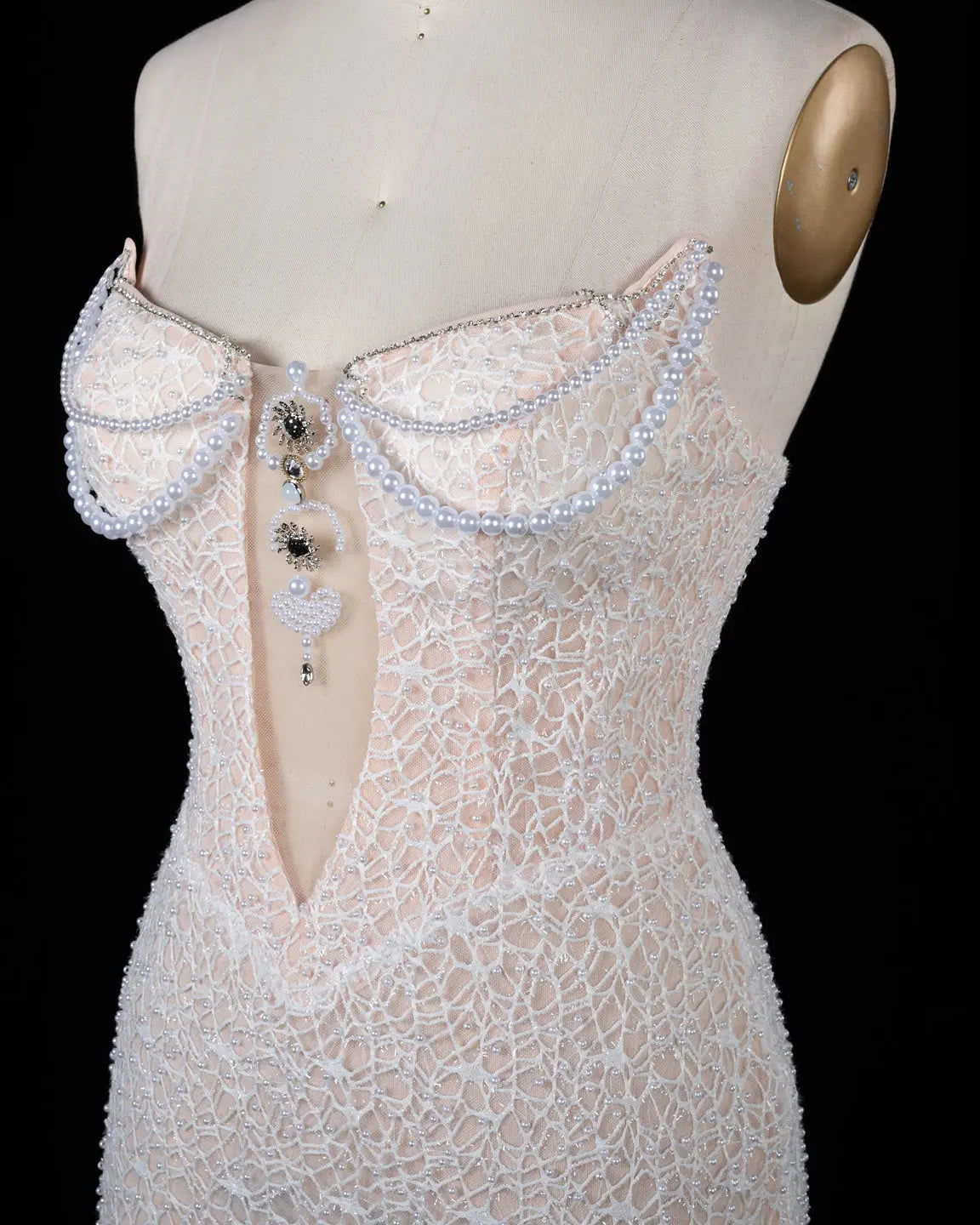 White Pearl Beaded Strapless Evening Dress ST102 Sheer Fairy