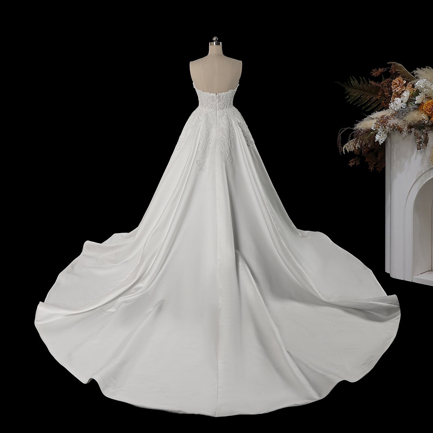White Satin Sweetheart Princess Wedding Dress Lace Details with Long Cathedral Train SW743 Sheer Fairy