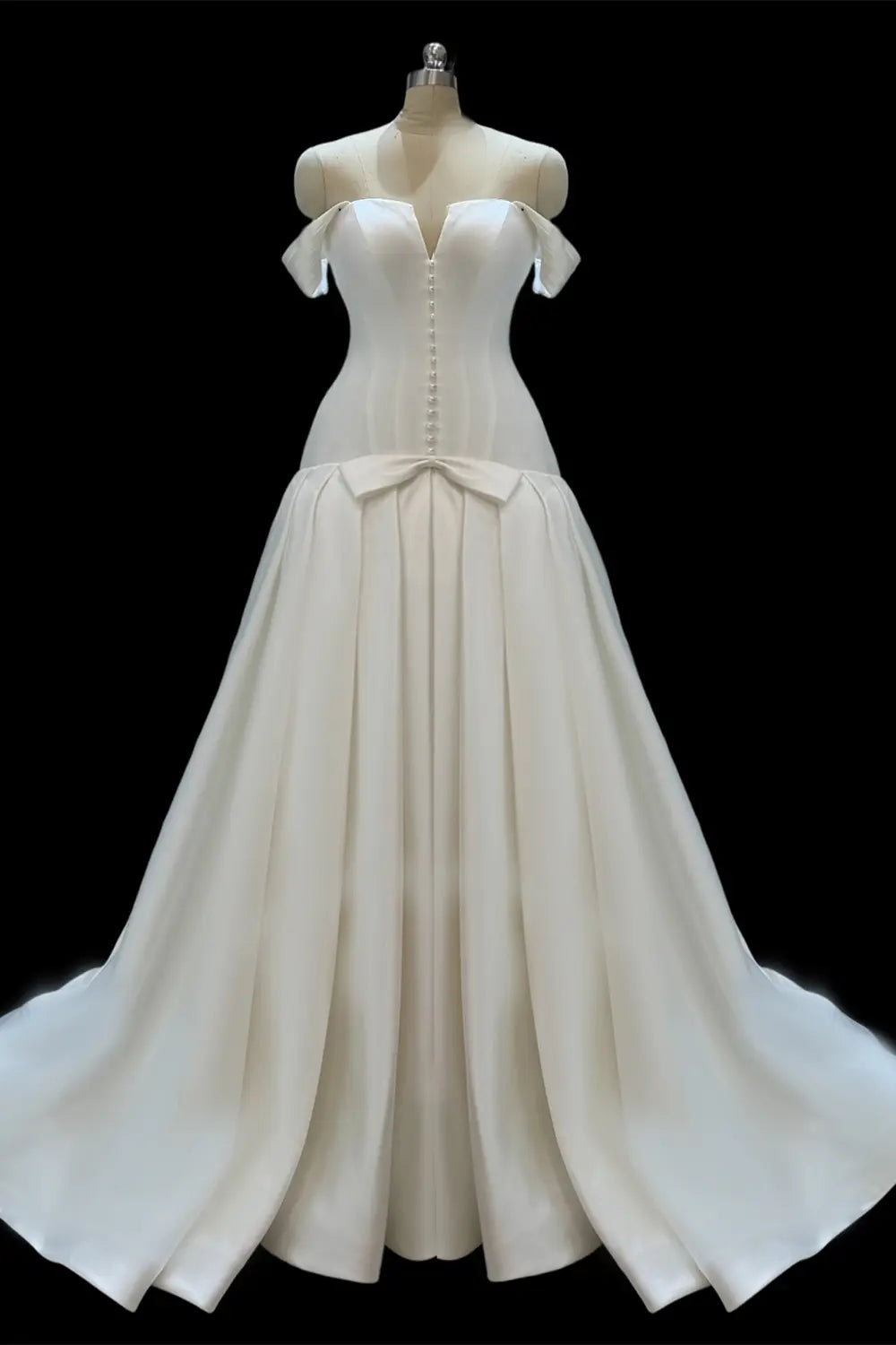 Ivory Off Shoulder Satin A Line Wedding Dress SW692 Sheer Fairy