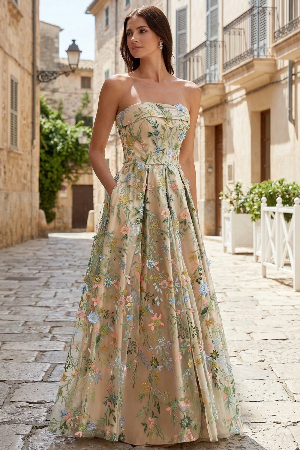 Women's Strapless Nude Floral Embroidered Prom Dress SH743 Sheer Fairy