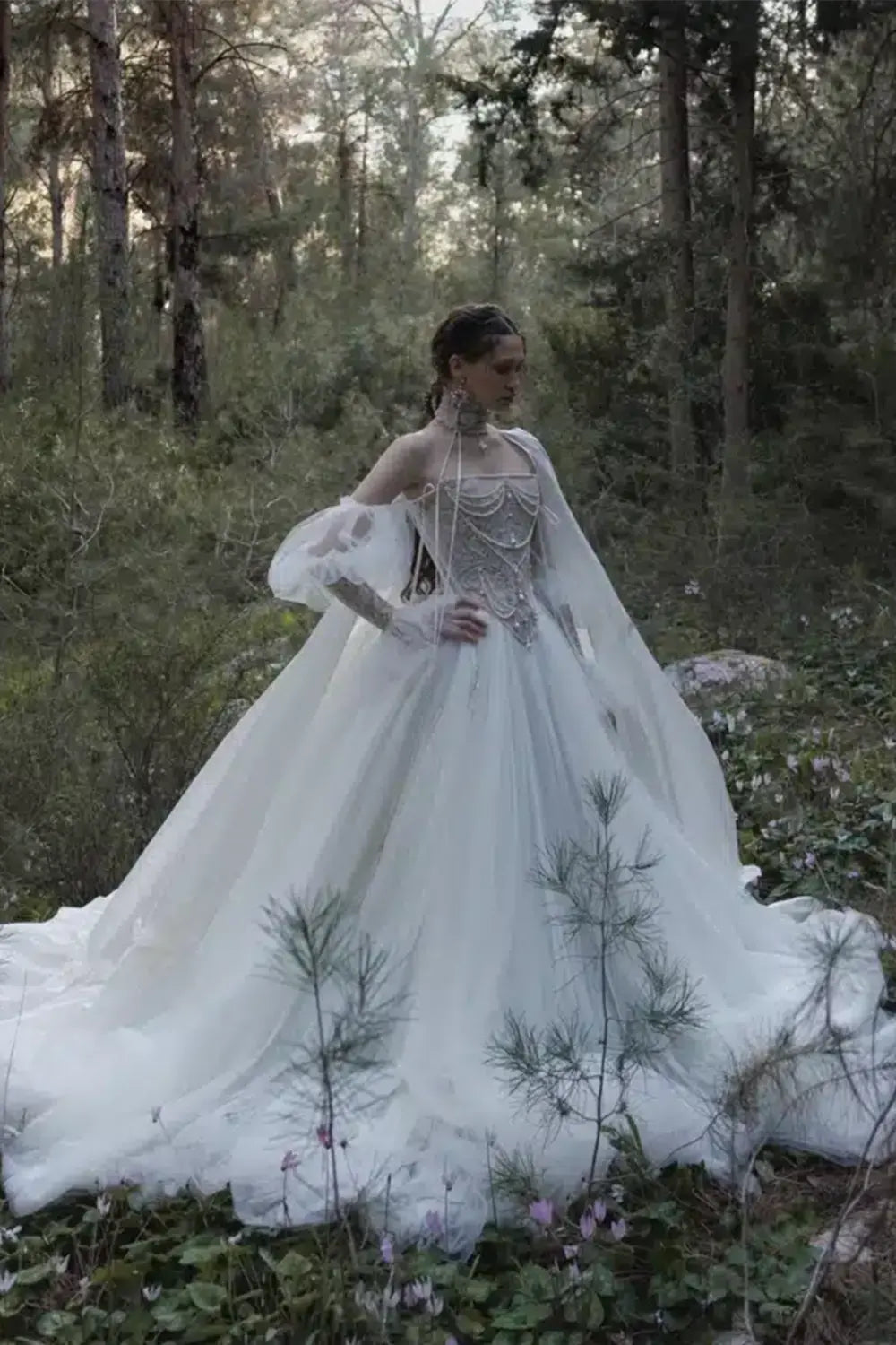 White Pearl Beaded Corset Wedding Dress with Detachable Puff Sleeves SW663 Sheer Fairy