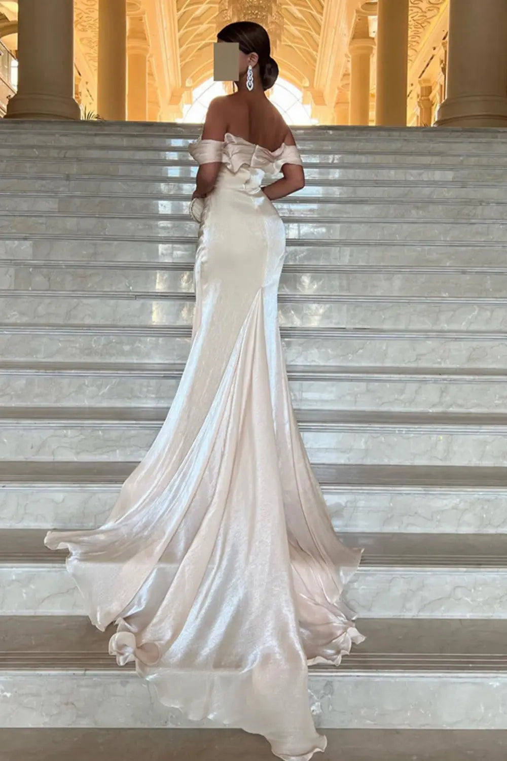 Elegant Off Shoulder Arabic Mermaid Beige Evening Dress SF001 Sheer Fairy