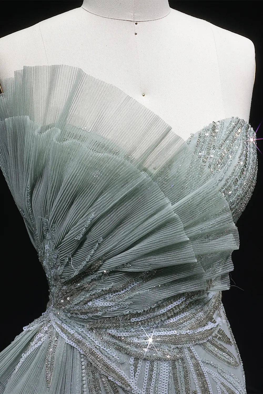 Sage Green One-Shoulder Beaded Tulle Mermaid Prom Dress Evening Gown with Ruffle SH064 Sheer Fairy