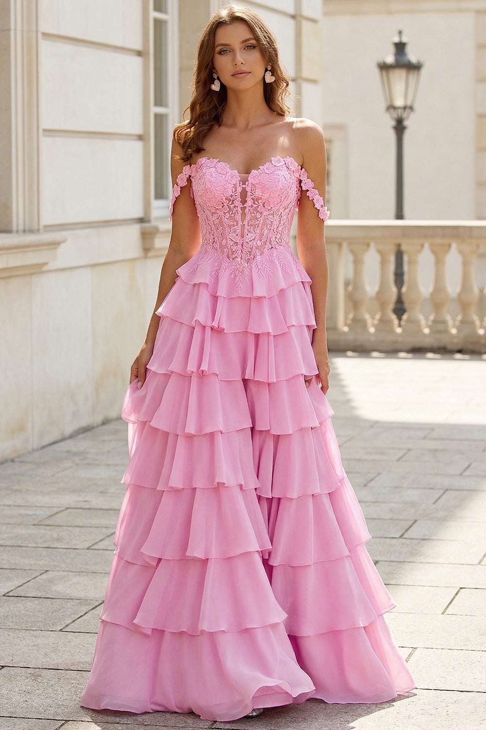 Tiered Lace Pink Prom Dress Sexy Off the Shoulder Split Side SH732 Sheer Fairy