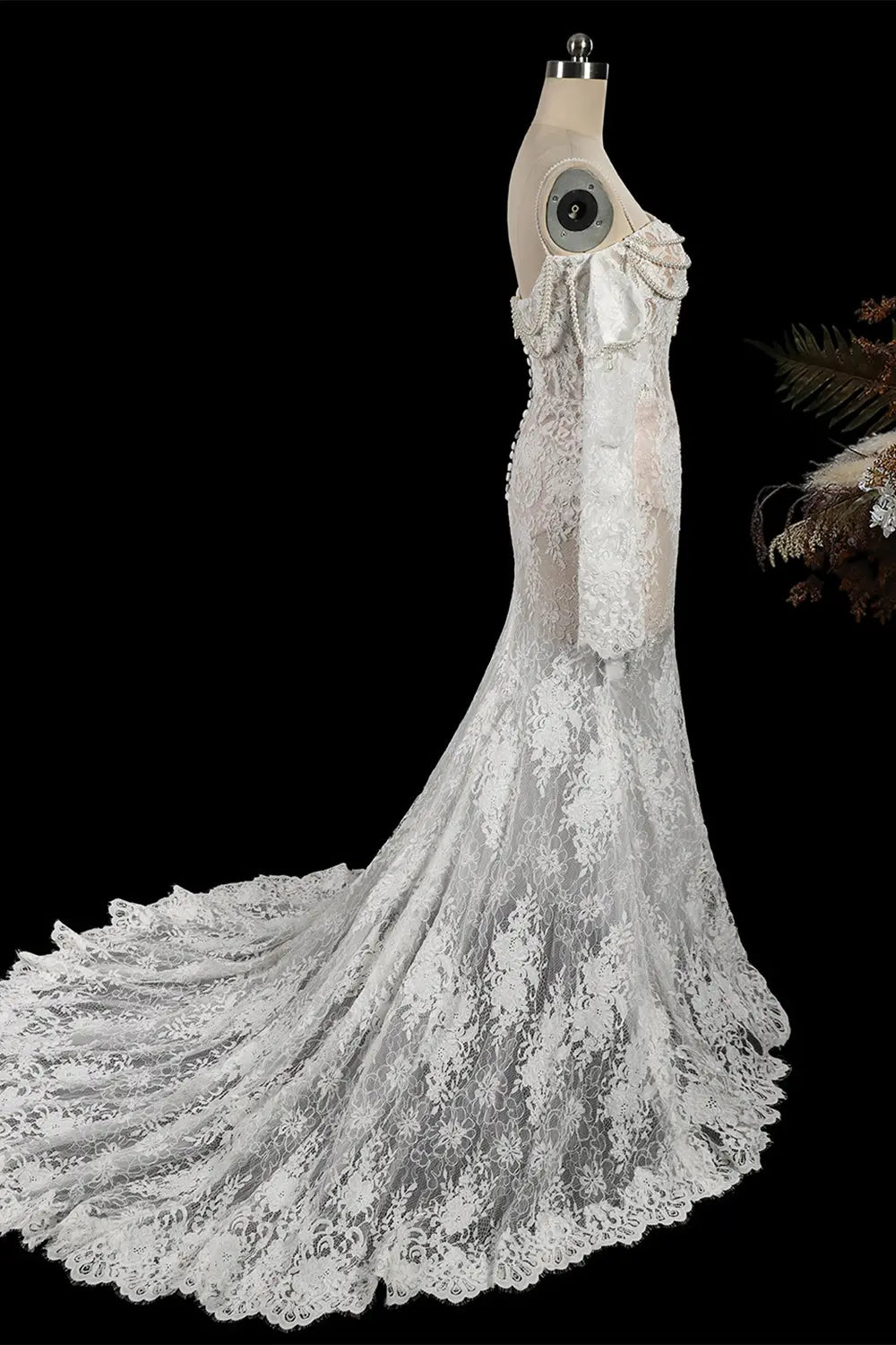 White Beaded Lace Mermaid Wedding Dress SW756 Sheer Fairy