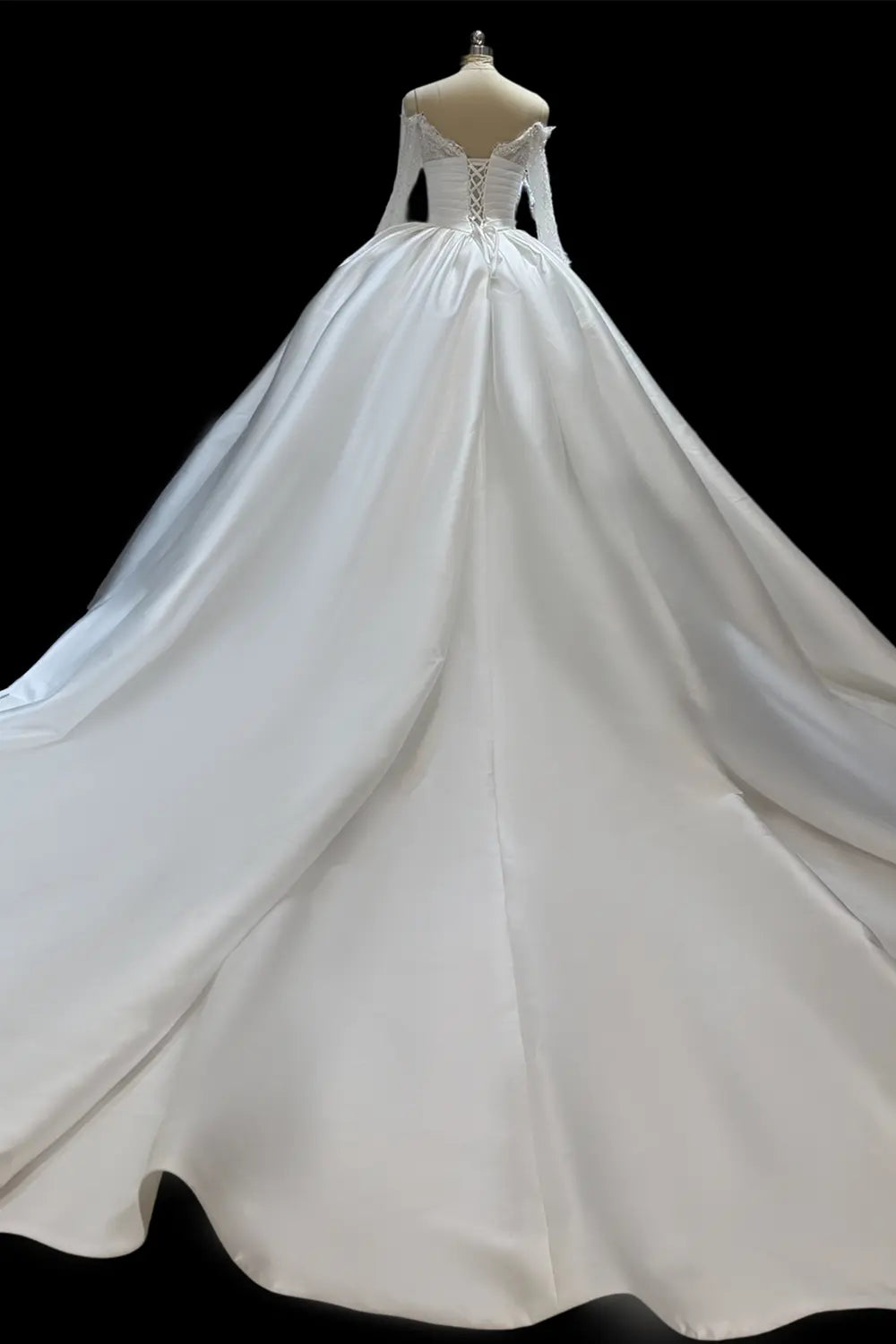 Ivory Satin Long Sleeve Off Shoulder Wedding Dress SW688 Sheer Fairy