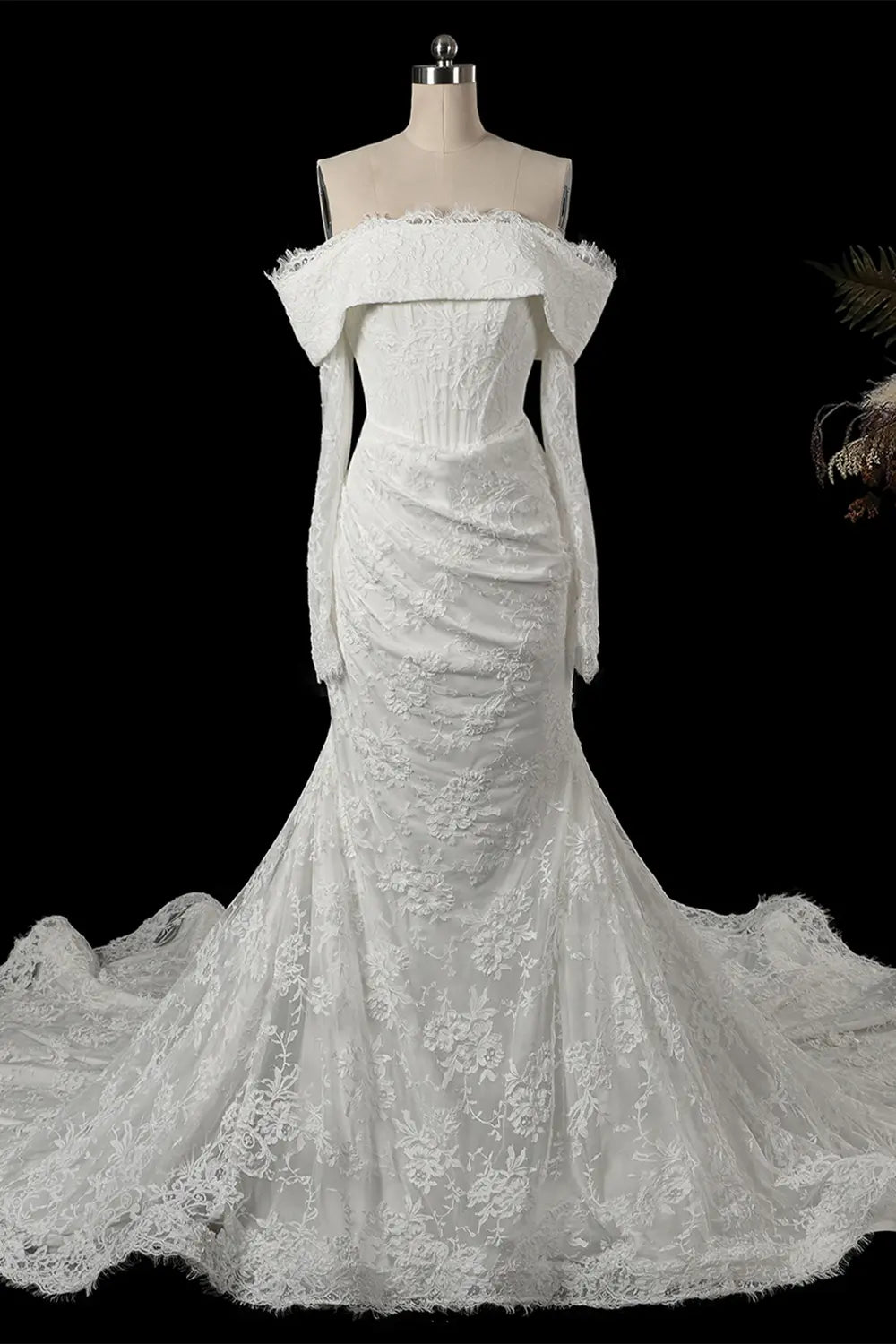 White Off the Shoulder Long Sleeve Lace Bridal Dress with Train SW674 Sheer Fairy
