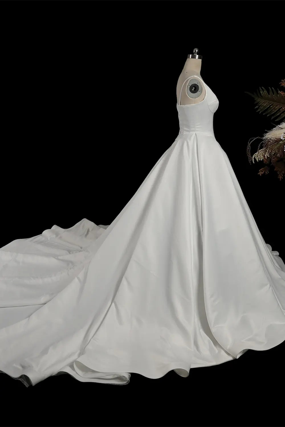 White V Neck Sleeveless Satin Chapel Train Bridal Gown SW749 Sheer Fairy