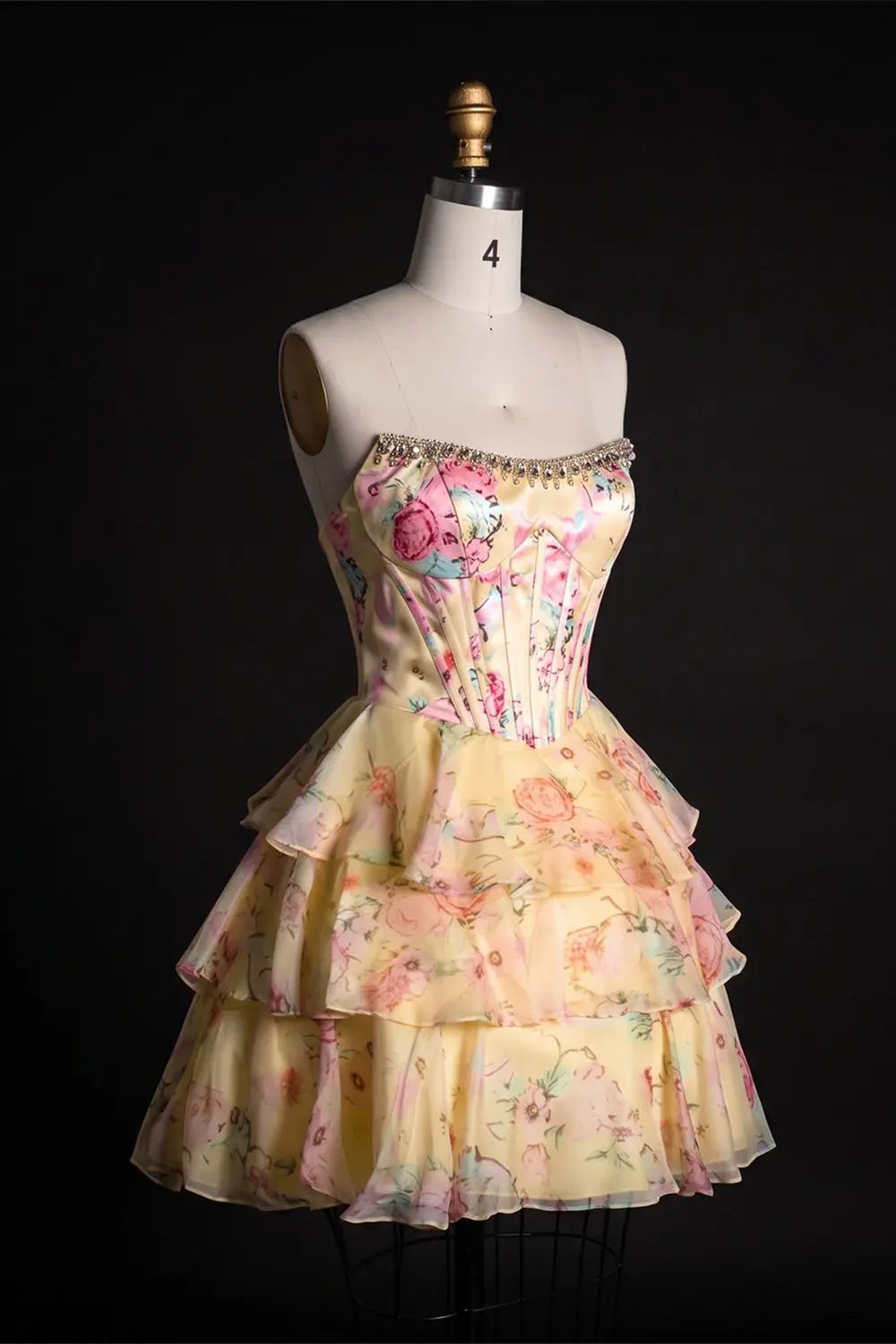 Yellow Floral Beaded Strapless Mini Dress RM197 Sheer Fairy