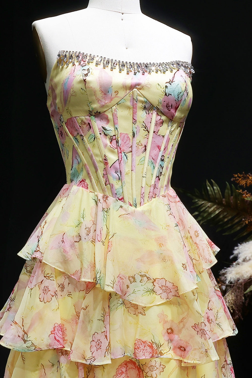 Organza Yellow Floral Strapless Ball Gown Prom Dress SH401 Sheer Fairy