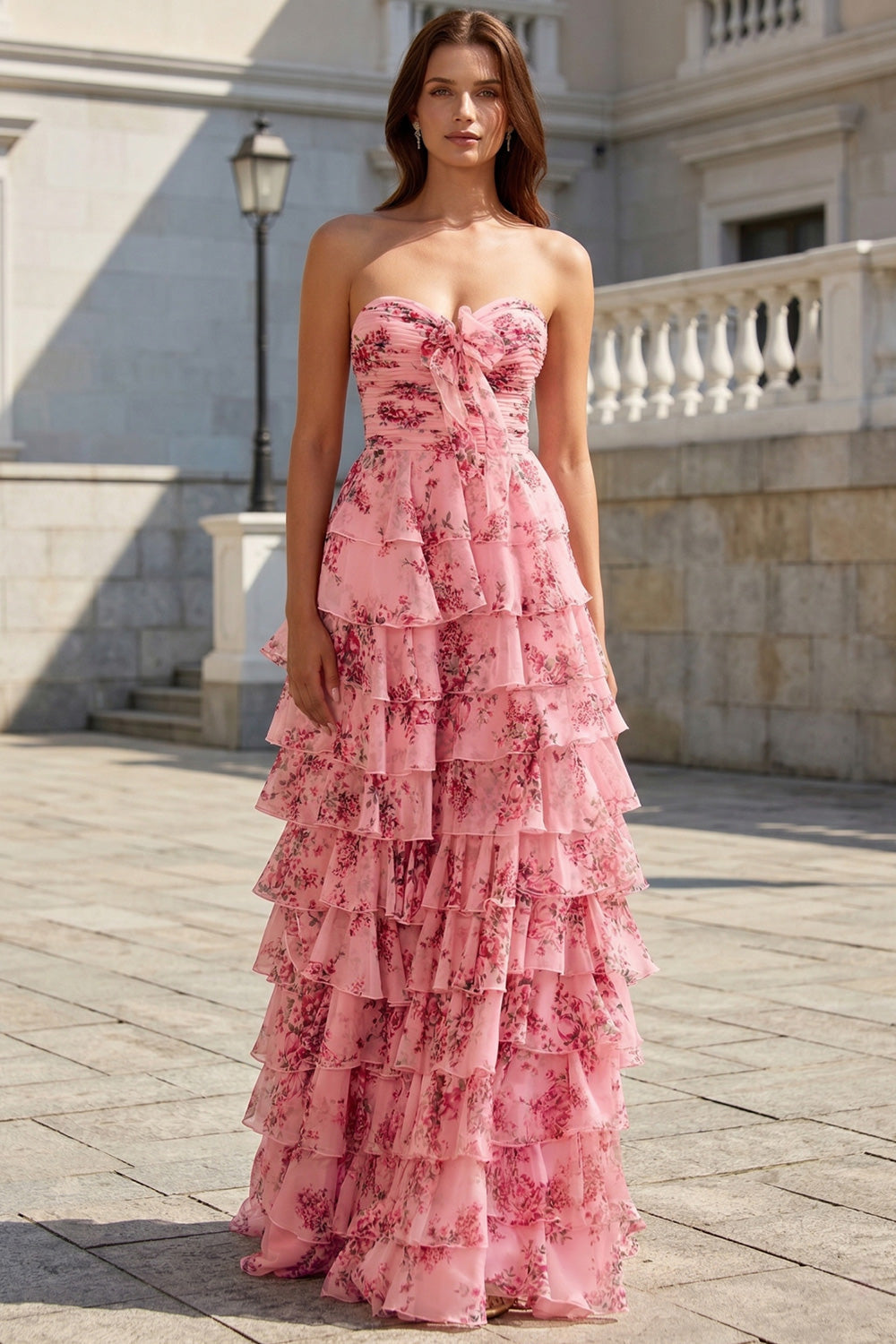 A Line Pink Floral Prom Dresses with Tiered Ruffles SH725 Sheer Fairy
