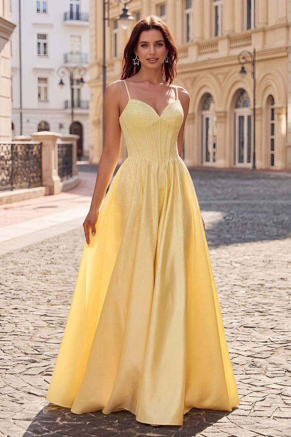 A Line Satin Long Yellow Prom Dress with Spaghetti Strap  SH726 Sheer Fairy