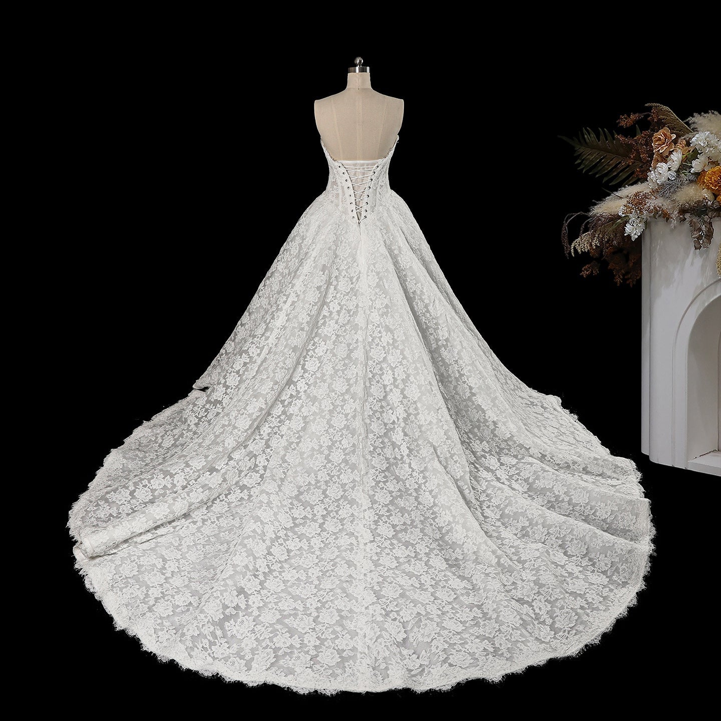 White Lace Strapless Princess Wedding Dress Button Down Front with Long Train SW742 Sheer Fairy