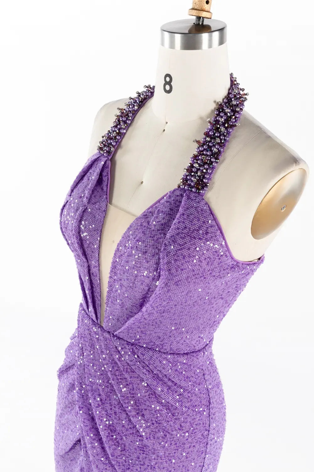 Purple Beaded Halter Neck Sequin High Slit Evening Gown ST056 Sheer Fairy