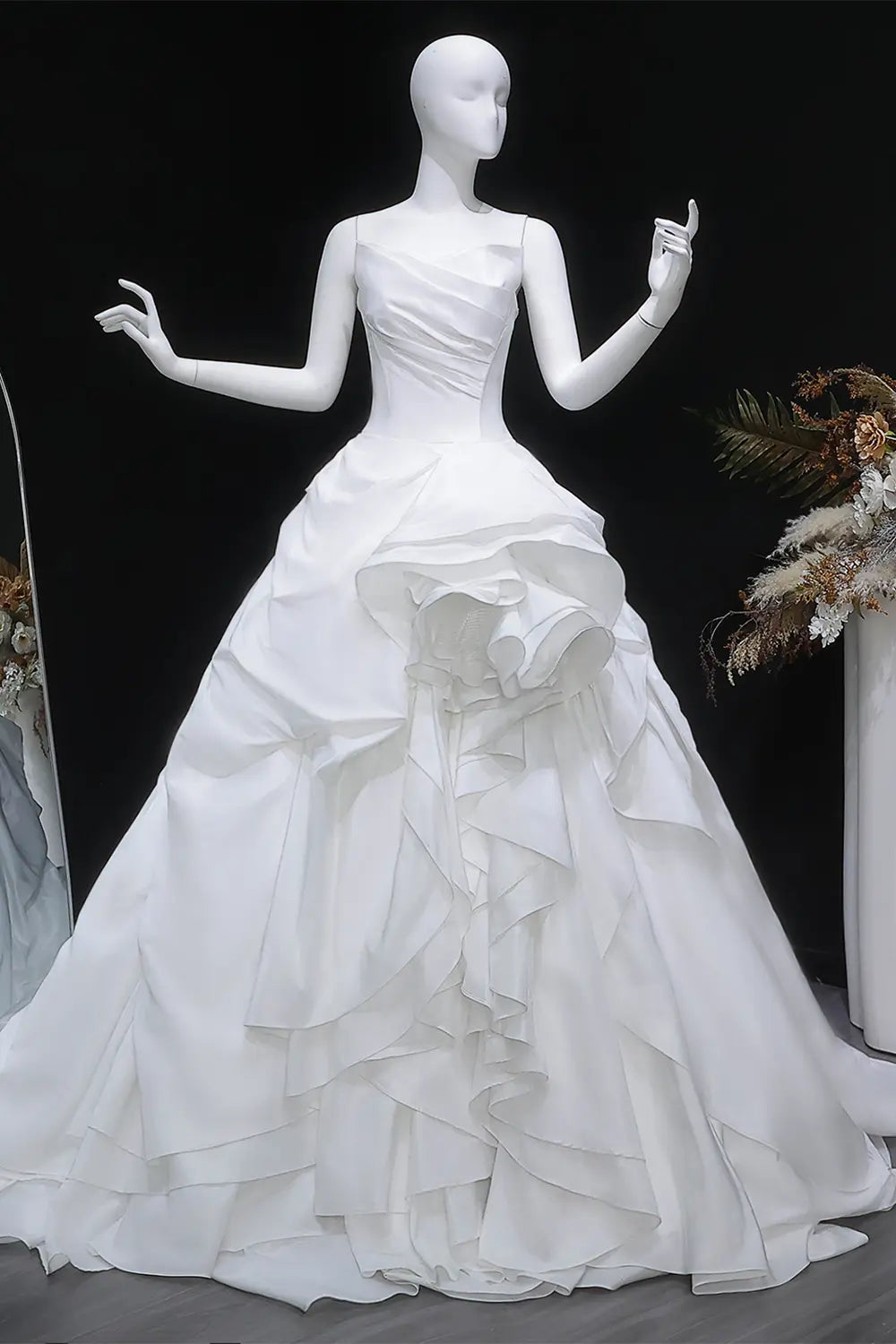 White Strapless Cascading Ruffle Satin Ball Gown Wedding Dress SW628 Sheer Fairy