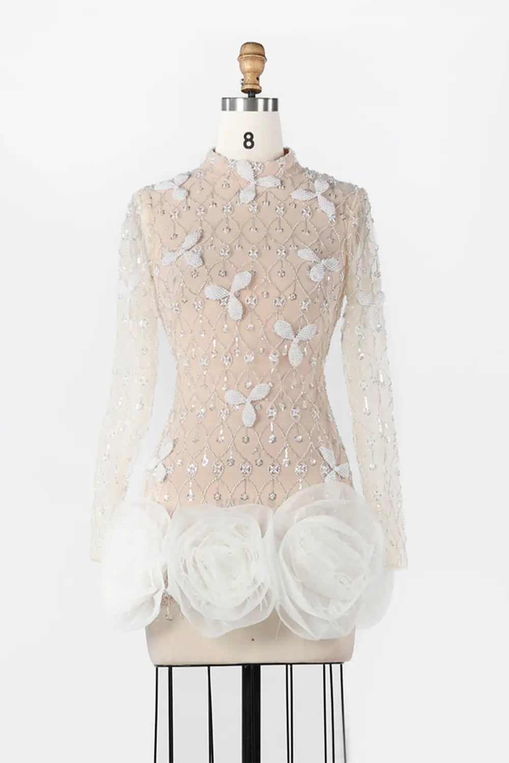 White Nude Long Sleeve Beaded 3D Floral Hem Mini Evening Dress ST037 Sheer Fairy