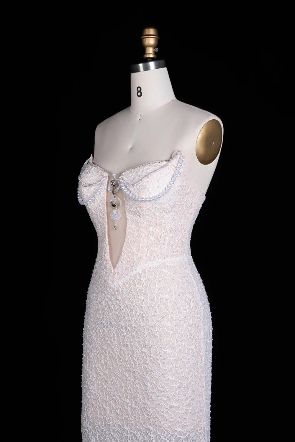 White Pearl Beaded Strapless Evening Dress ST102 Sheer Fairy