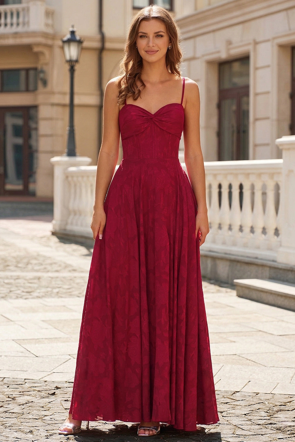 Burgundy Lace A Line Long Prom Dresses Spaghetti Strap SH736 Sheer Fairy