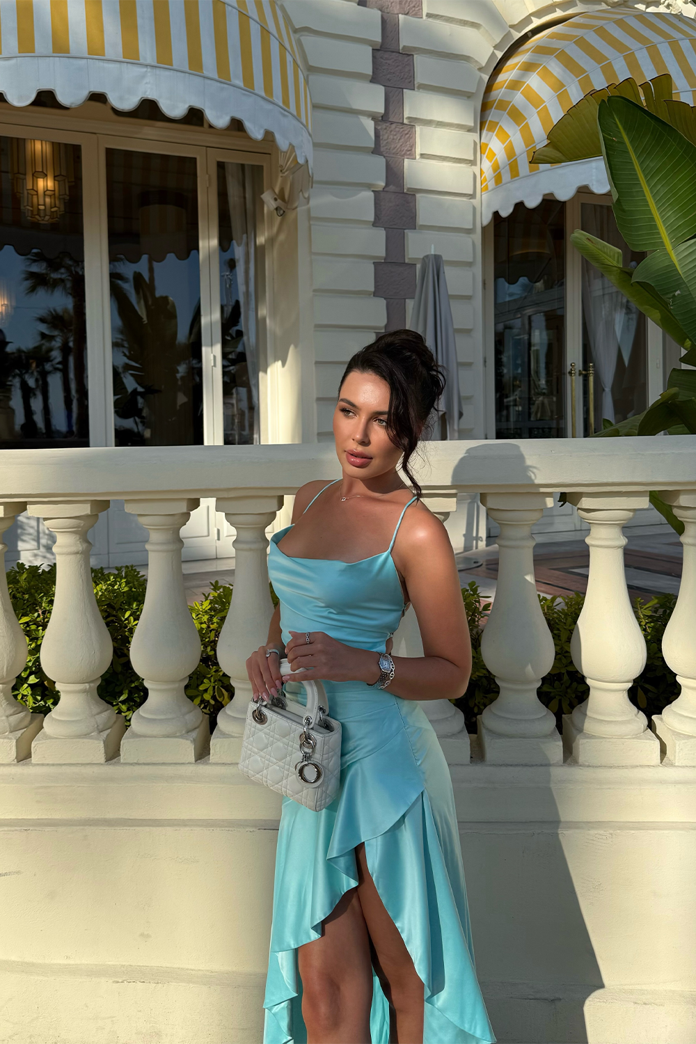 Aqua Blue Satin Backless Evening Dress Cowl Neck Asymmetric High Slit Prom Gown RM257 Sheer Fairy