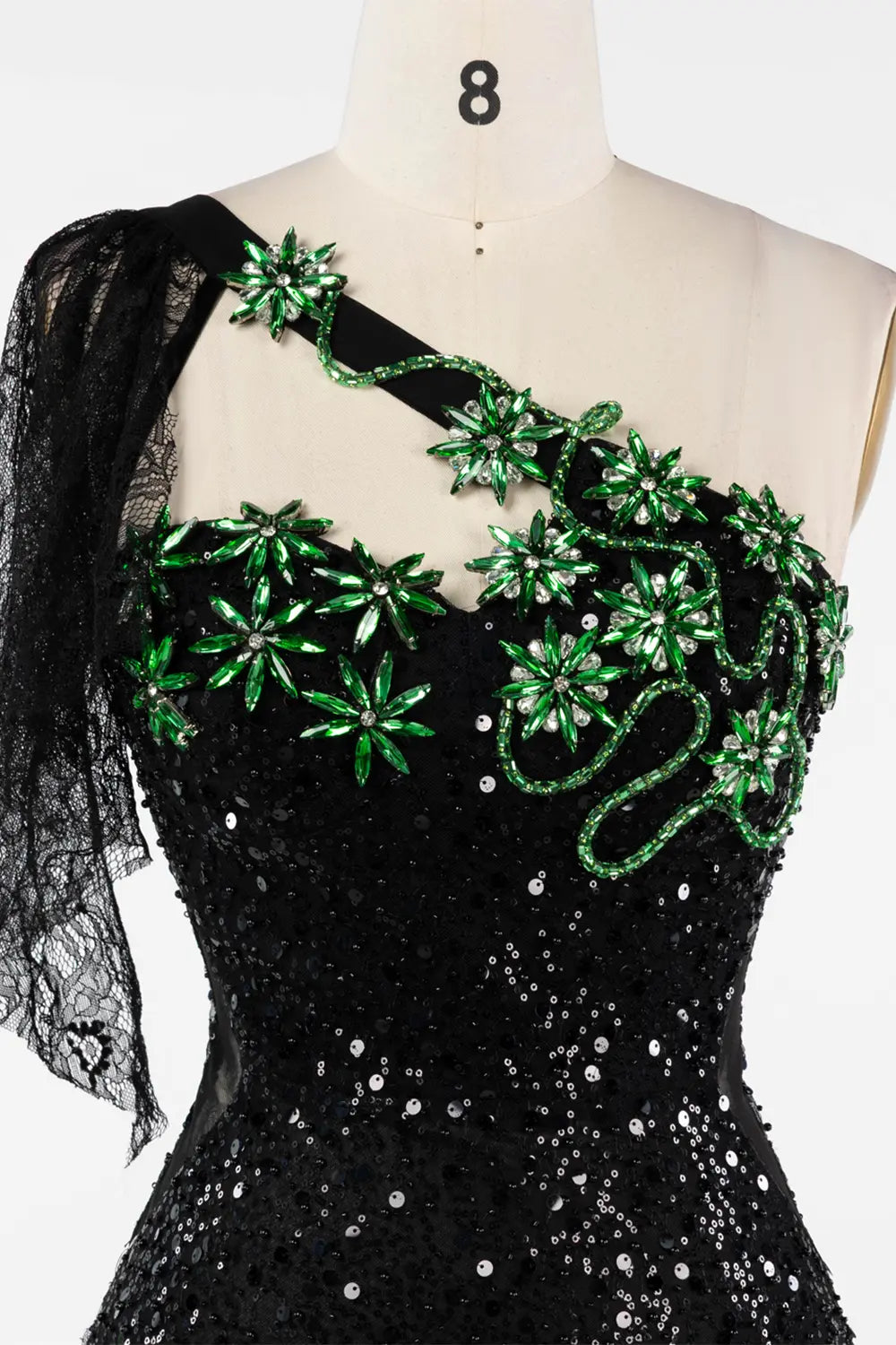 Black One Shoulder Sequin Evening Gown with Green Floral Detail ST048 Sheer Fairy