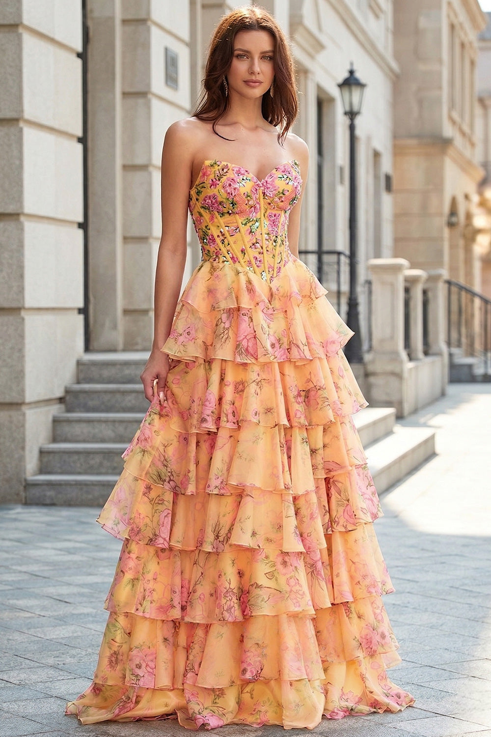 Elegant Yellow Floral Strapless Prom Dress SH738 Sheer Fairy