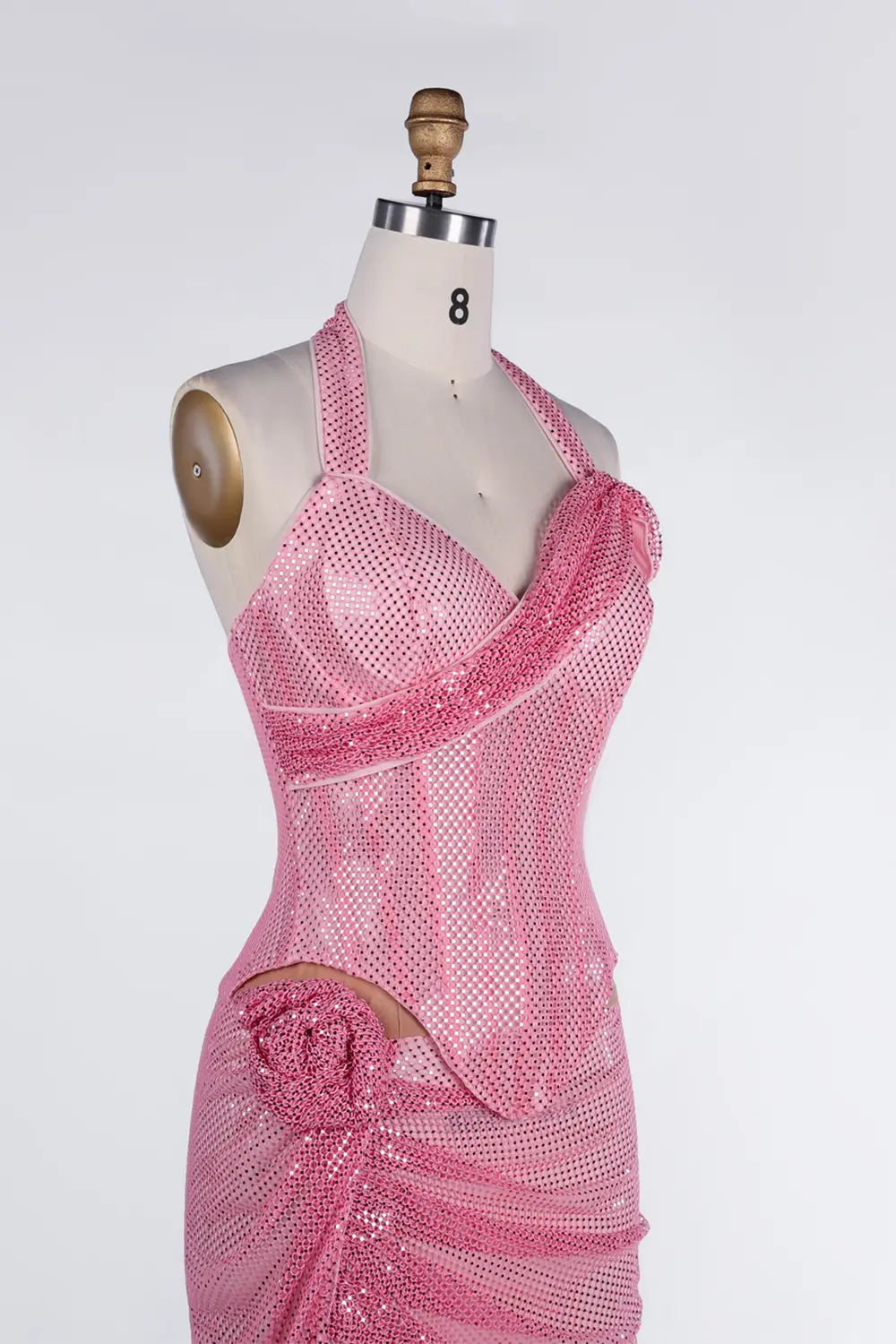 Pink Sequin Halter Corset High Slit Maxi Evening Dress ST036 Sheer Fairy