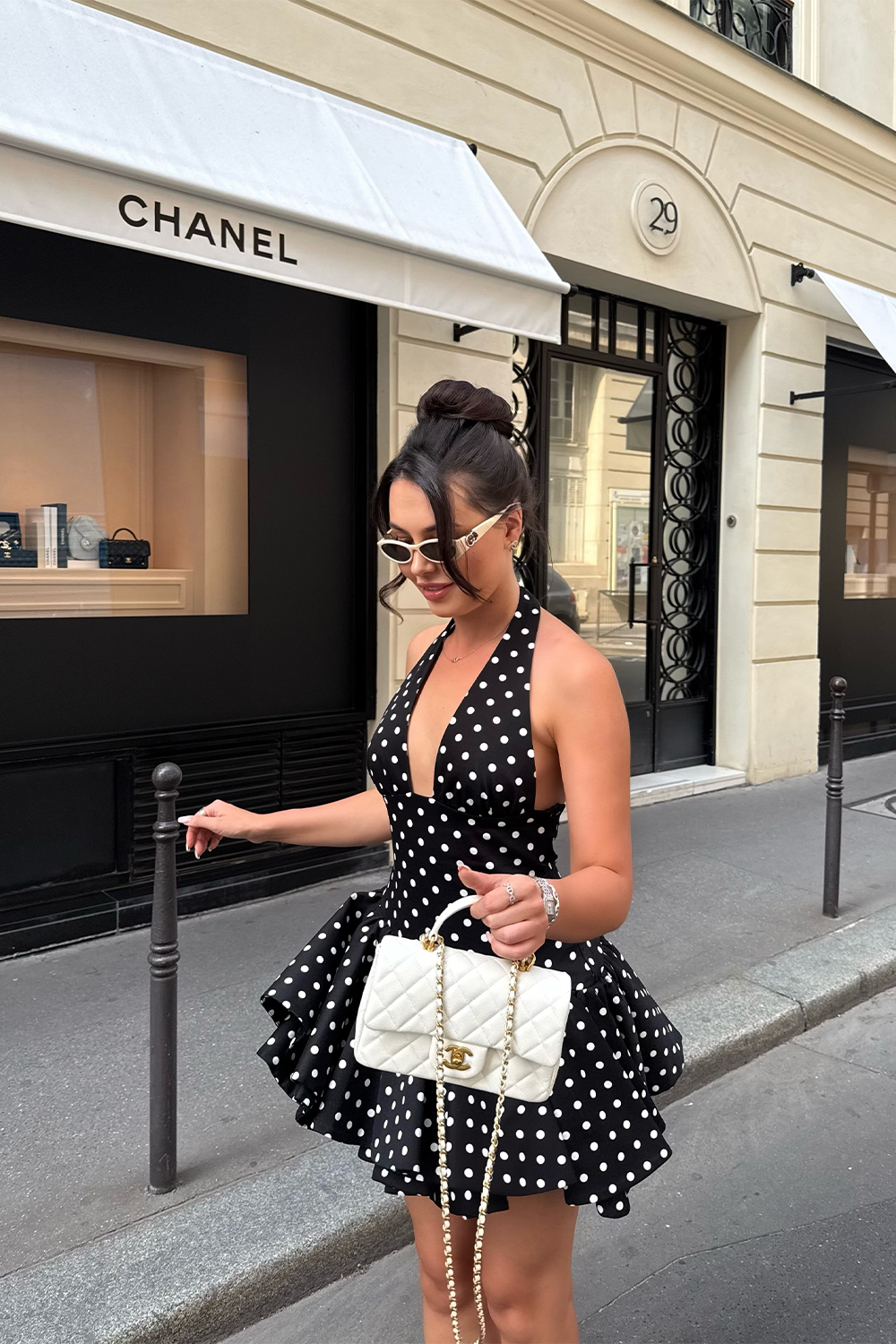 Black and White Polka Dot Halter Mini Dress Plunging V Neck Bubble Hem Party Dress RM253 Sheer Fairy