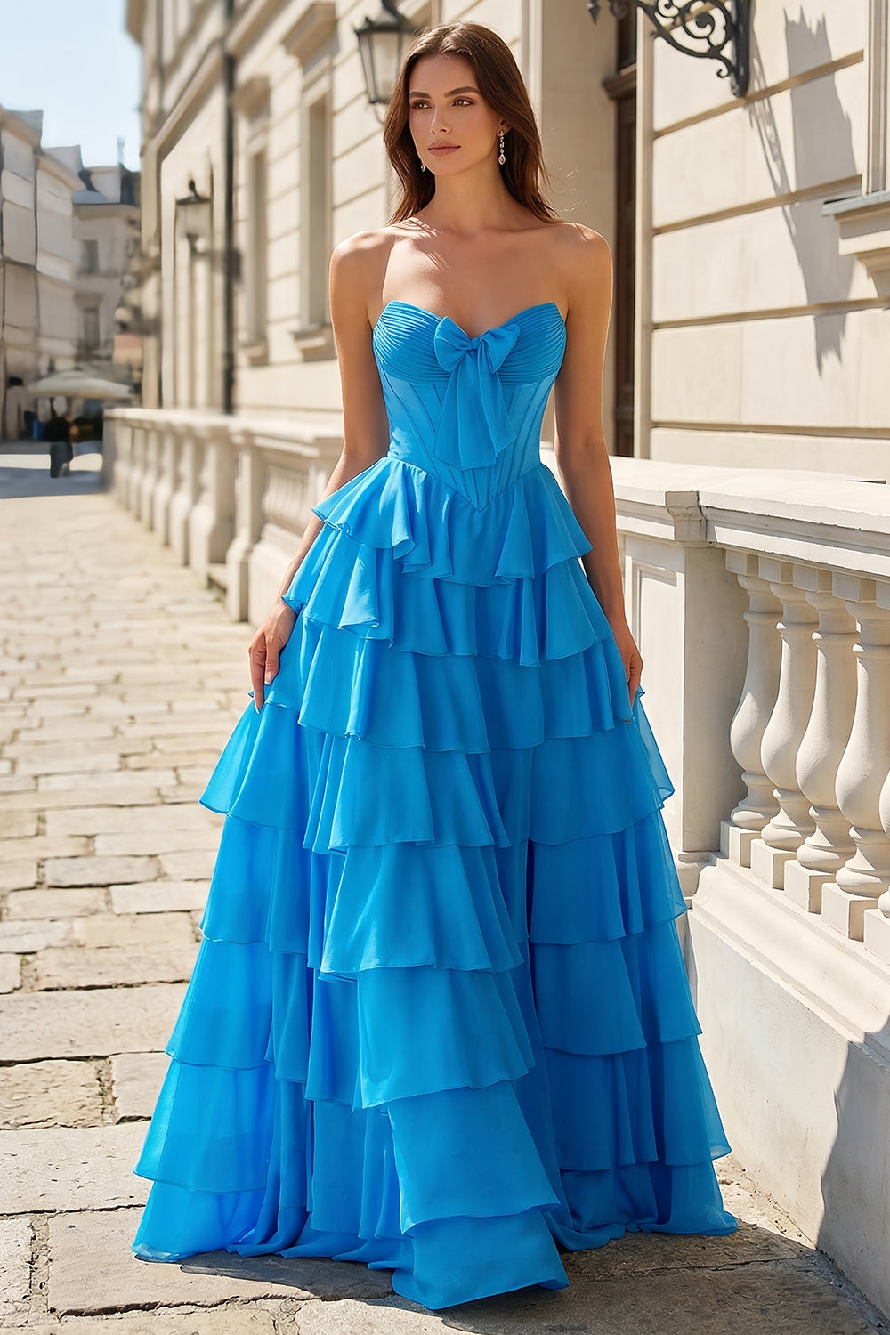 Sexy Backless Tiered Blue Chiffon Prom Dress SH746 Sheer Fairy