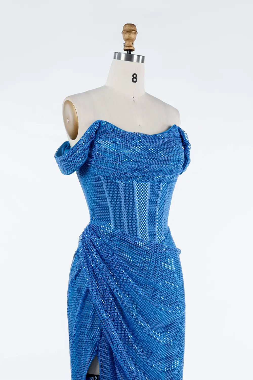 Royal Blue Sequin Off Shoulder Corset High Slit Maxi Evening Dress ST034 Sheer Fairy