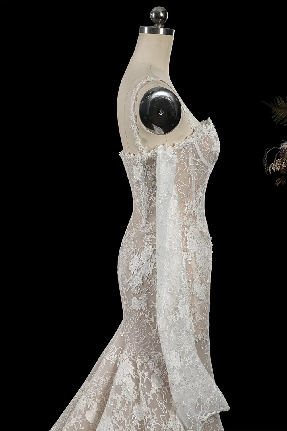 White Lace Mermaid Wedding Dress Long Sleeves Corset SW750 Sheer Fairy