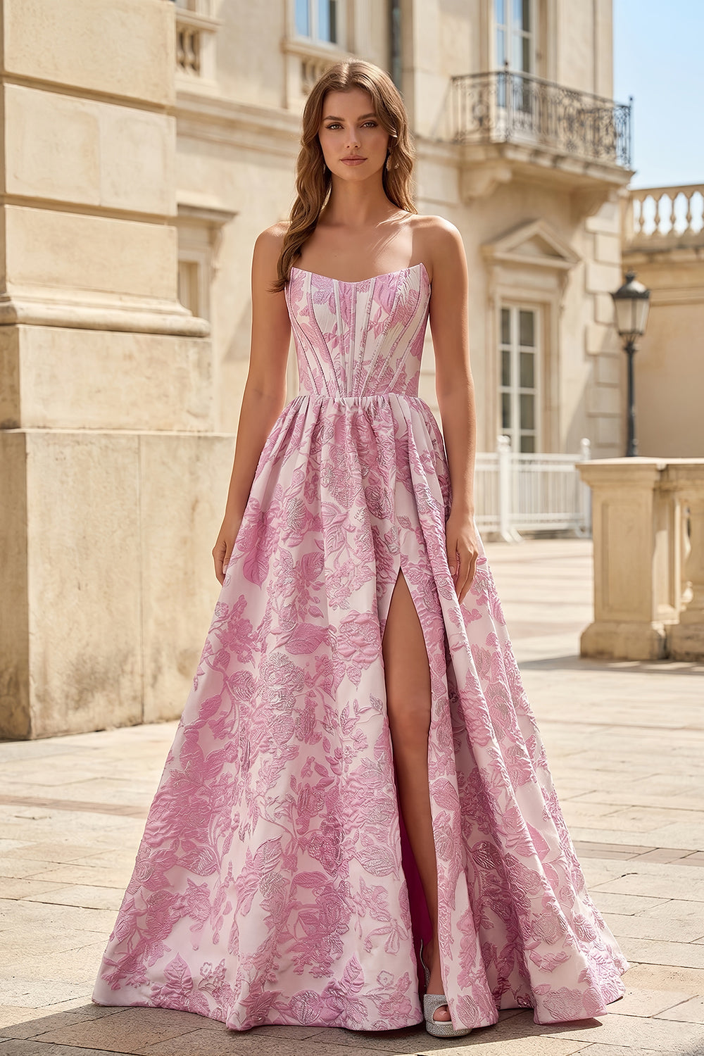 Pink Floral Satin Prom Dresses A Line with Split Side SH745 Sheer Fairy