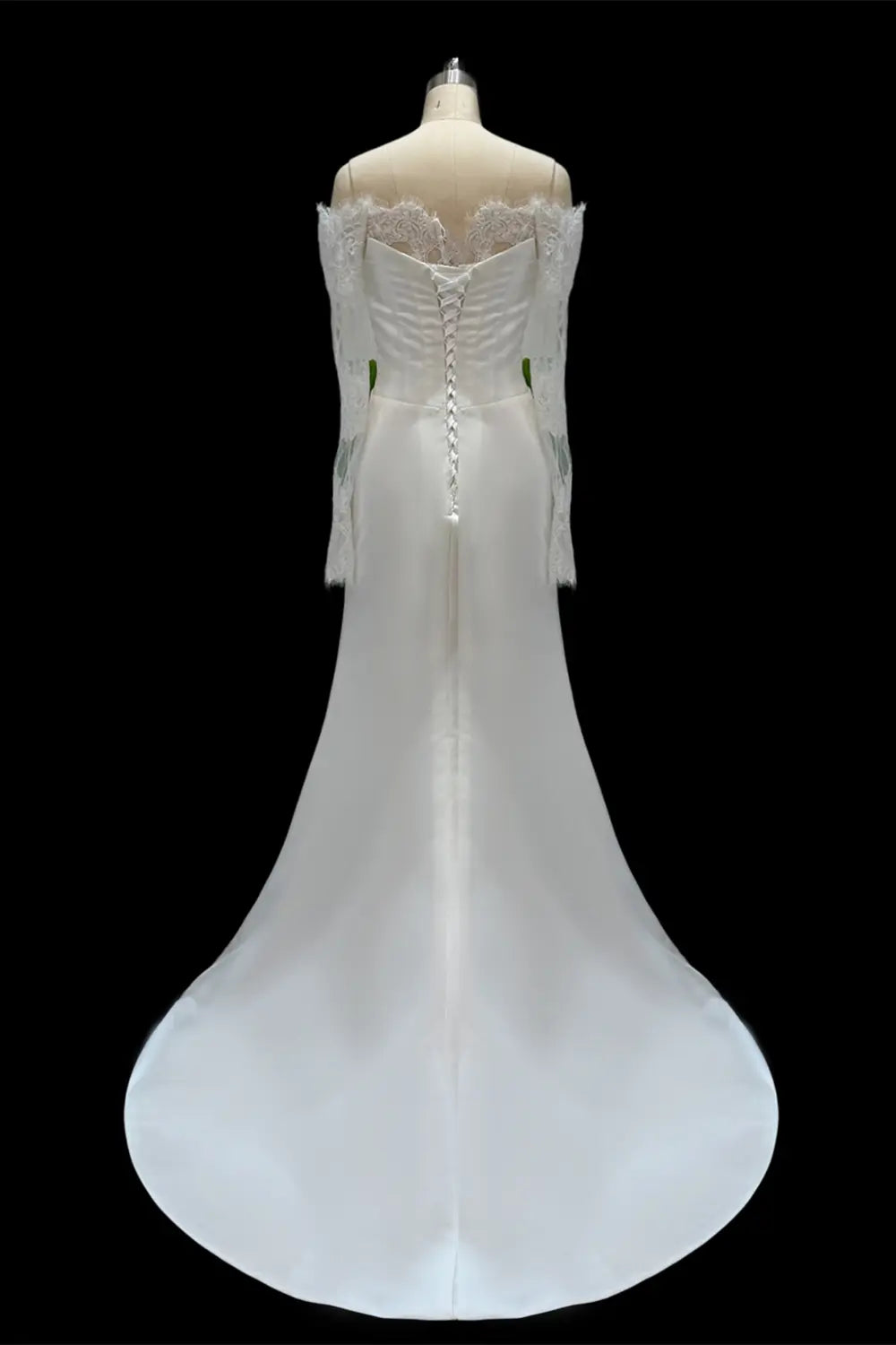 Ivory Lace Sleeve Satin Bridal Wedding Dress SW691 Sheer Fairy