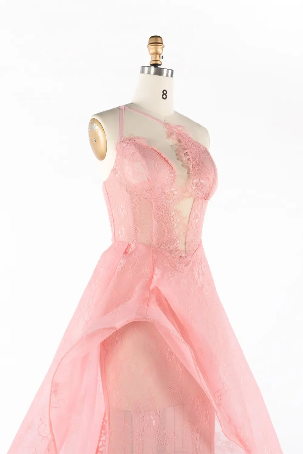 Pink Sheer Lace Asymmetrical Slit Formal Evening Dress ST052 Sheer Fairy