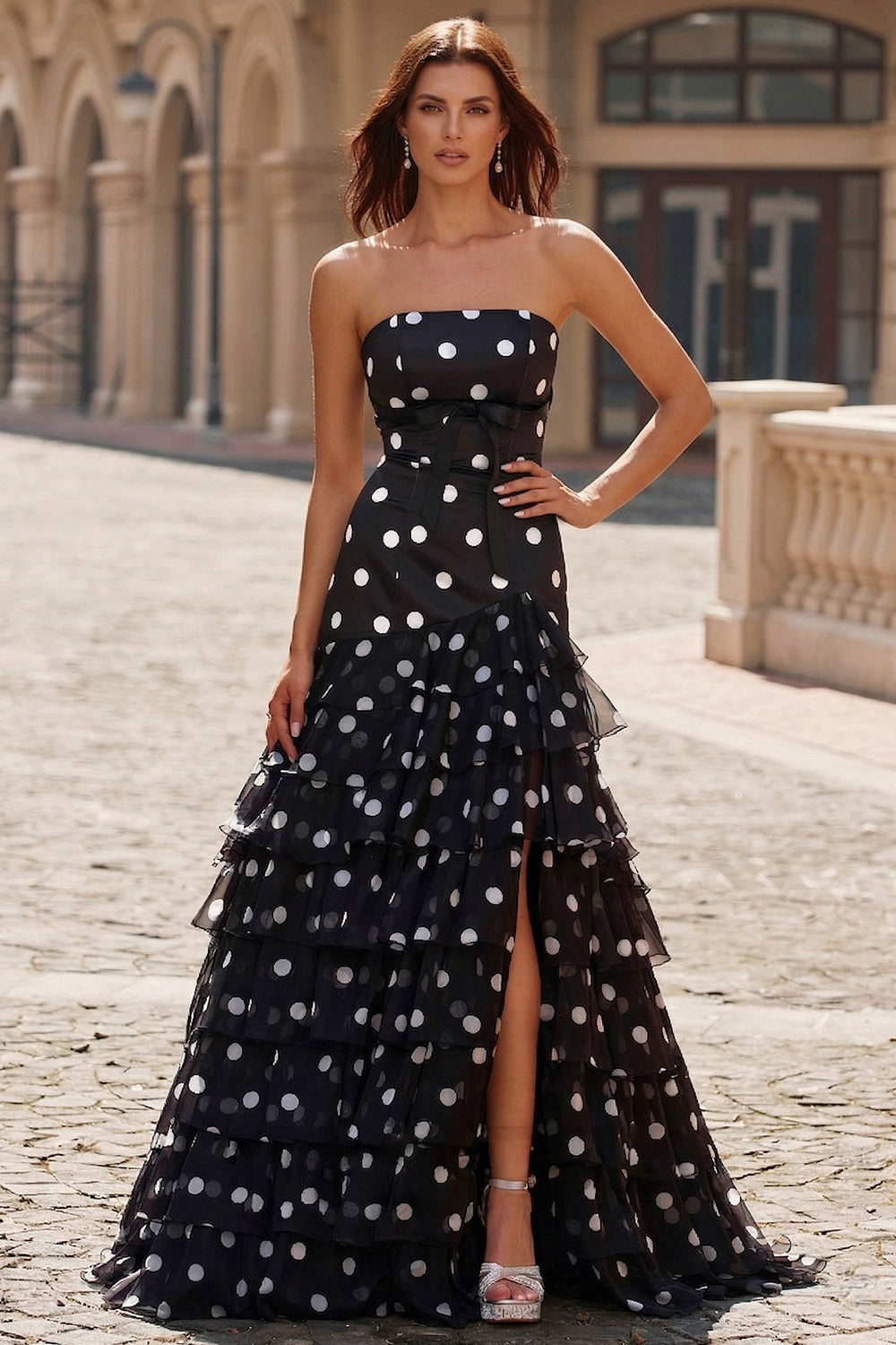 Black Strapless Prom Dress with Ruffle Tiered Skirt and Bow Detail SH735 Sheer Fairy