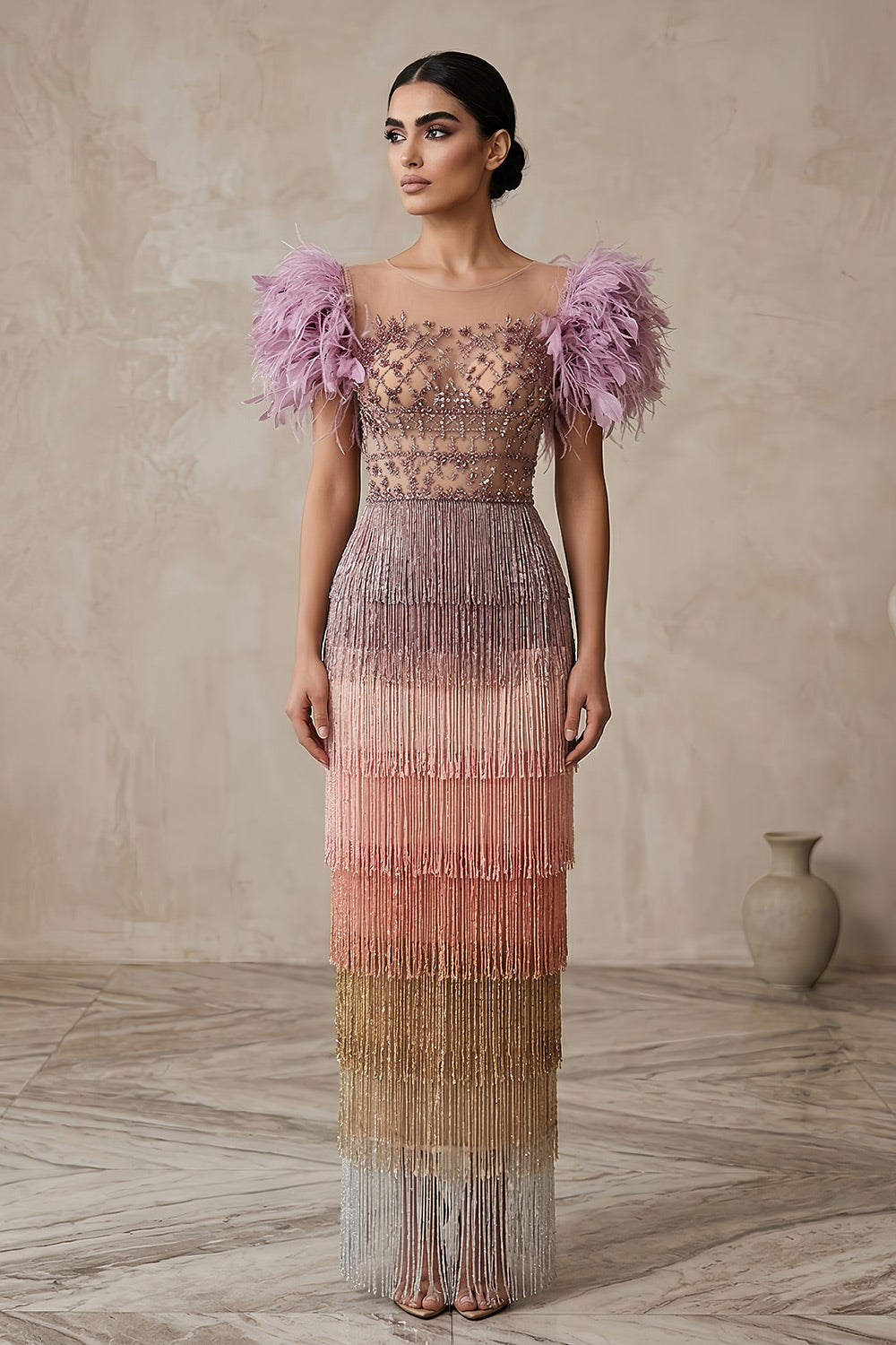Sheer Lattice Beaded Tiered Fringe Lilac Evening Dress with 3D Floral SS379 Sheer Fairy
