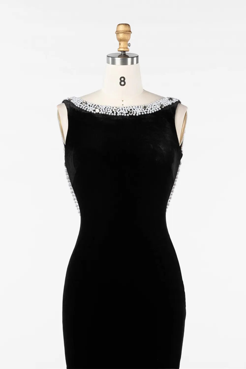 Black Velvet Beaded Neck Open Back Evening Gown ST046 Sheer Fairy