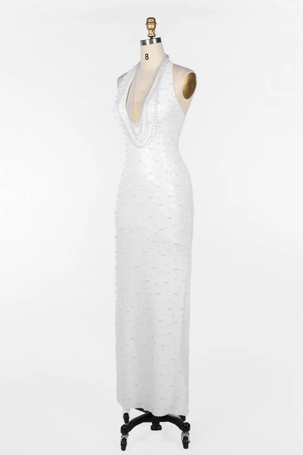 White Halter Pearl Beaded Backless Evening Dress ST091 Sheer Fairy