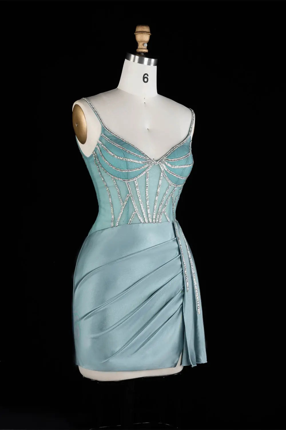 Turquoise Satin Spaghetti Strap Sheath Mini Homecoming Dress RM174 Sheer Fairy