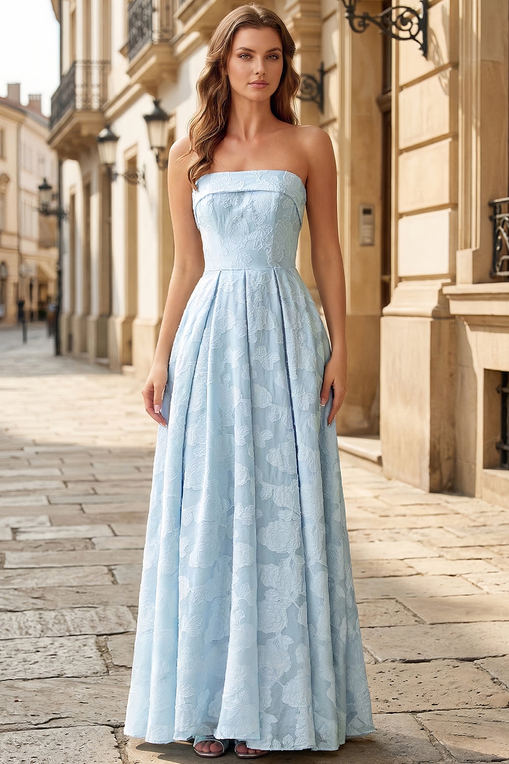 A Line Strapless Sky Blue Lace Sexy Prom Dress SH744 Sheer Fairy