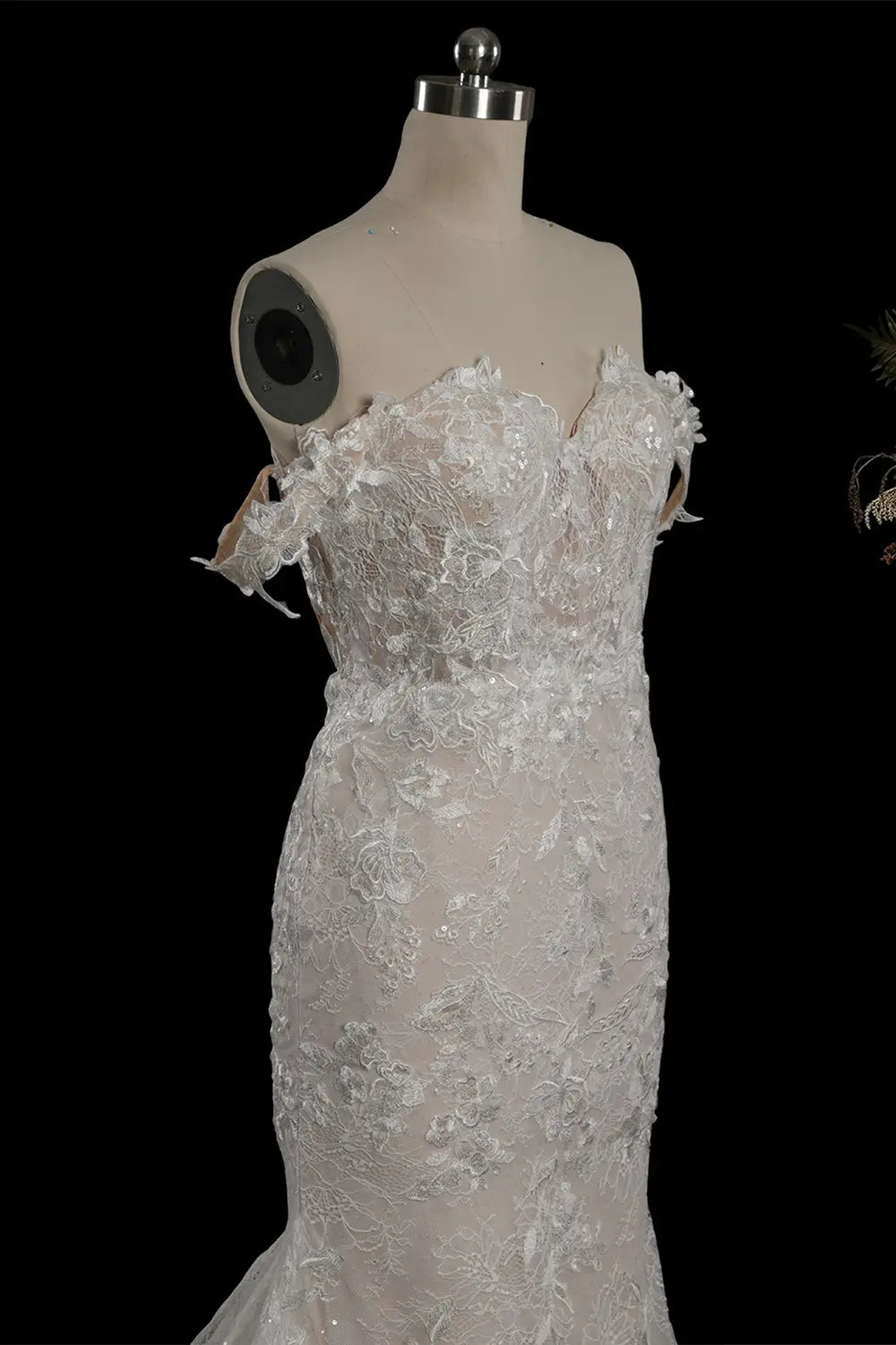 White Lace Mermaid Wedding Dress Off The Shoulder SW763 Sheer Fairy