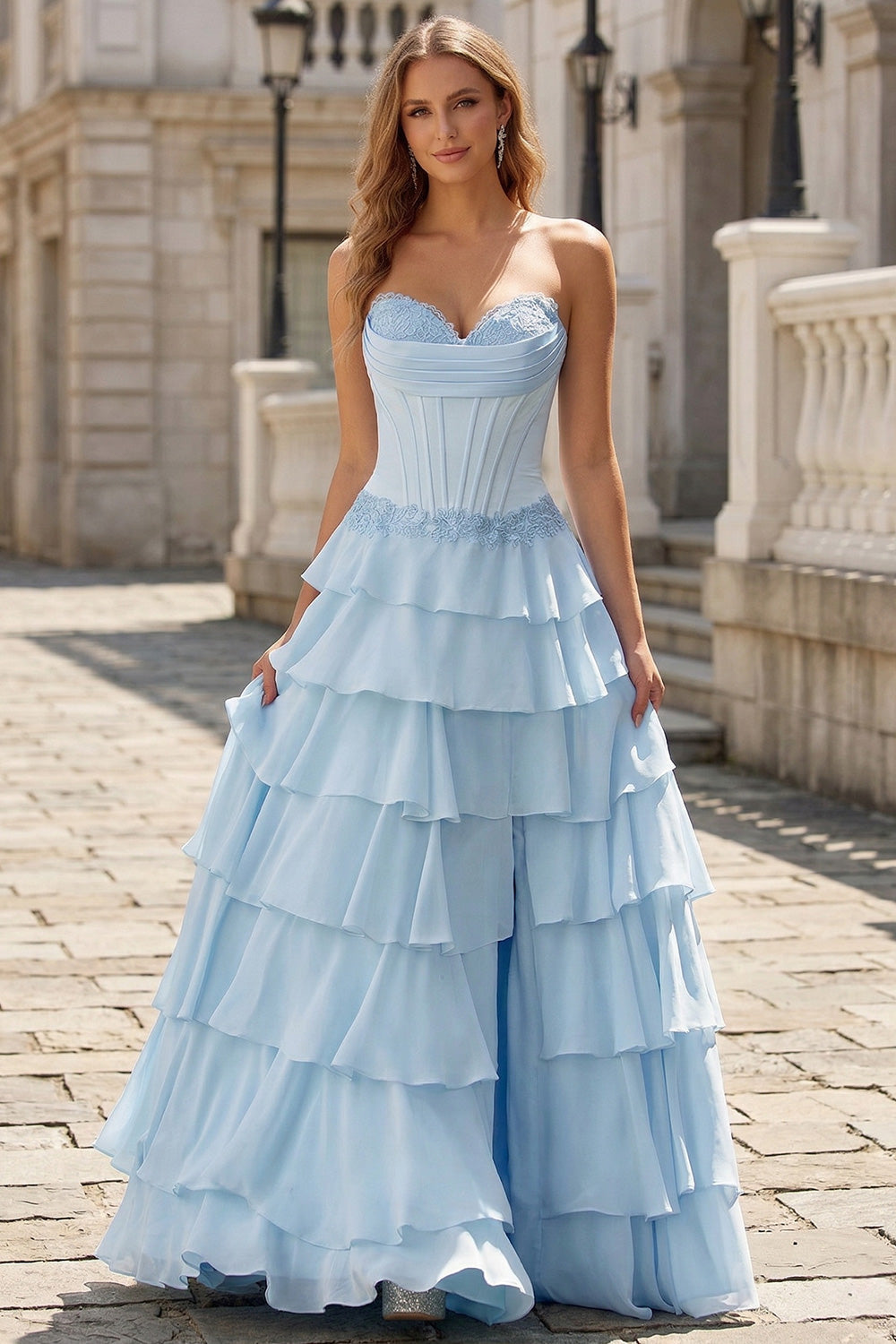 Tiered Ruffles Sky Blue Lace Prom Dress with Corset Bodice SH733 Sheer Fairy