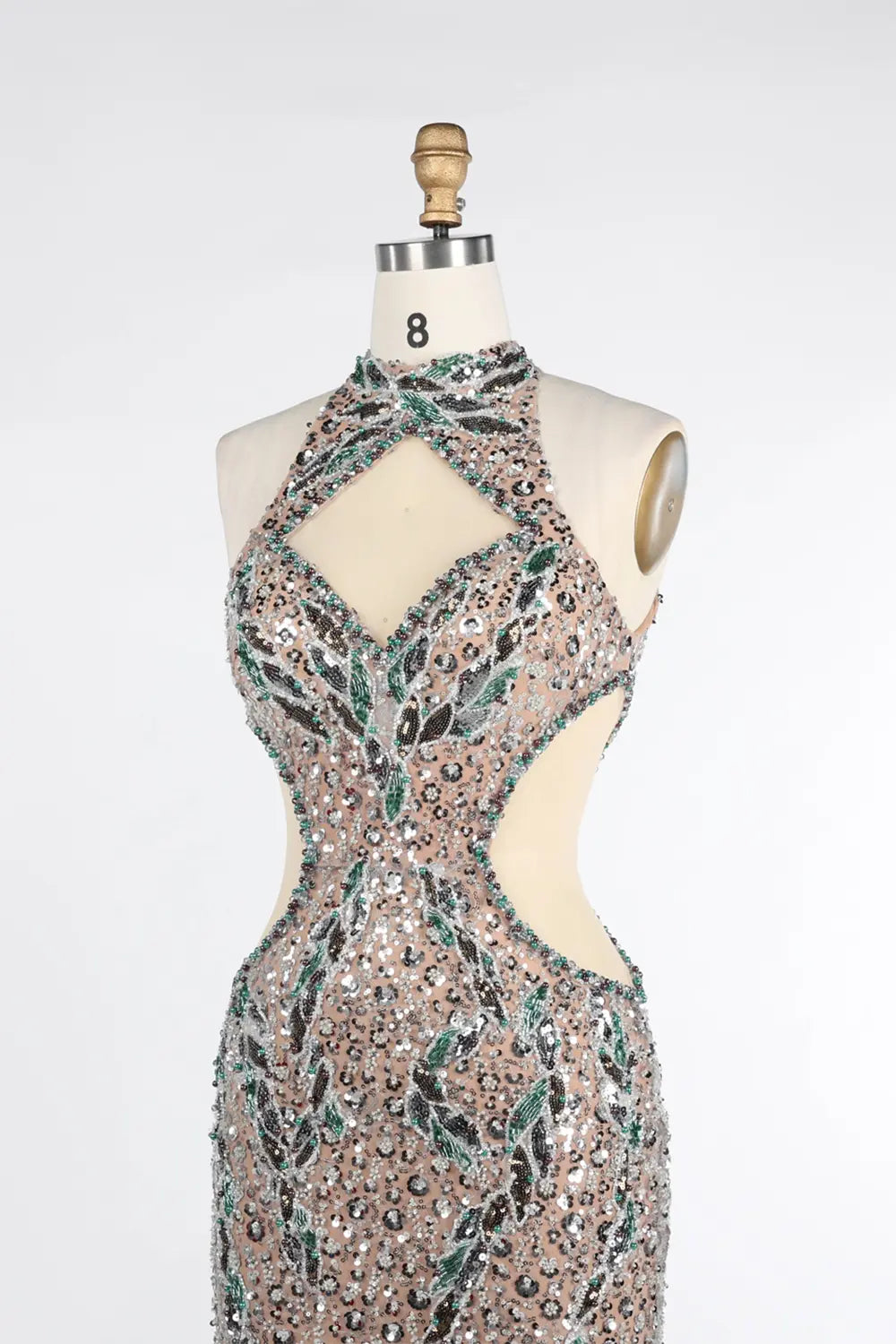 Champagne Halter Cutout Sequin Mermaid Evening Dress ST038 Sheer Fairy