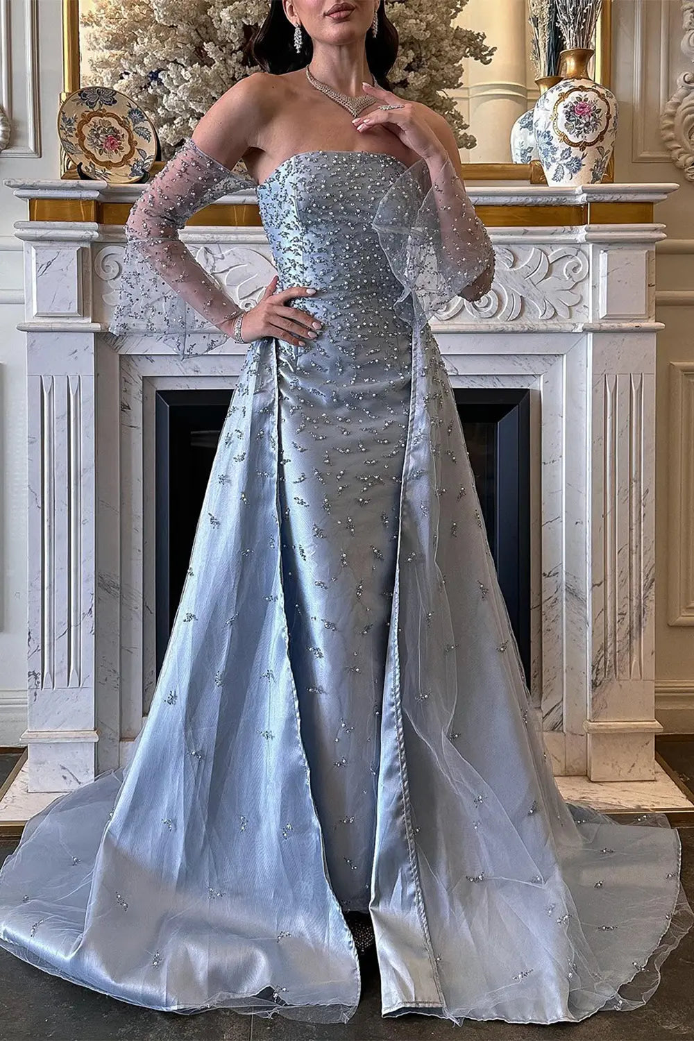 Silver Strapless Mermaid Evening Dress with Detachable Tulle Overlay & Sheer Sleeves SS484 Sheer Fairy