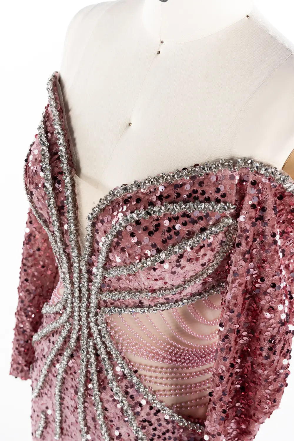 Elegant Pink Beaded Off Shoulder Sequin Evening Dress ST054 Sheer Fairy