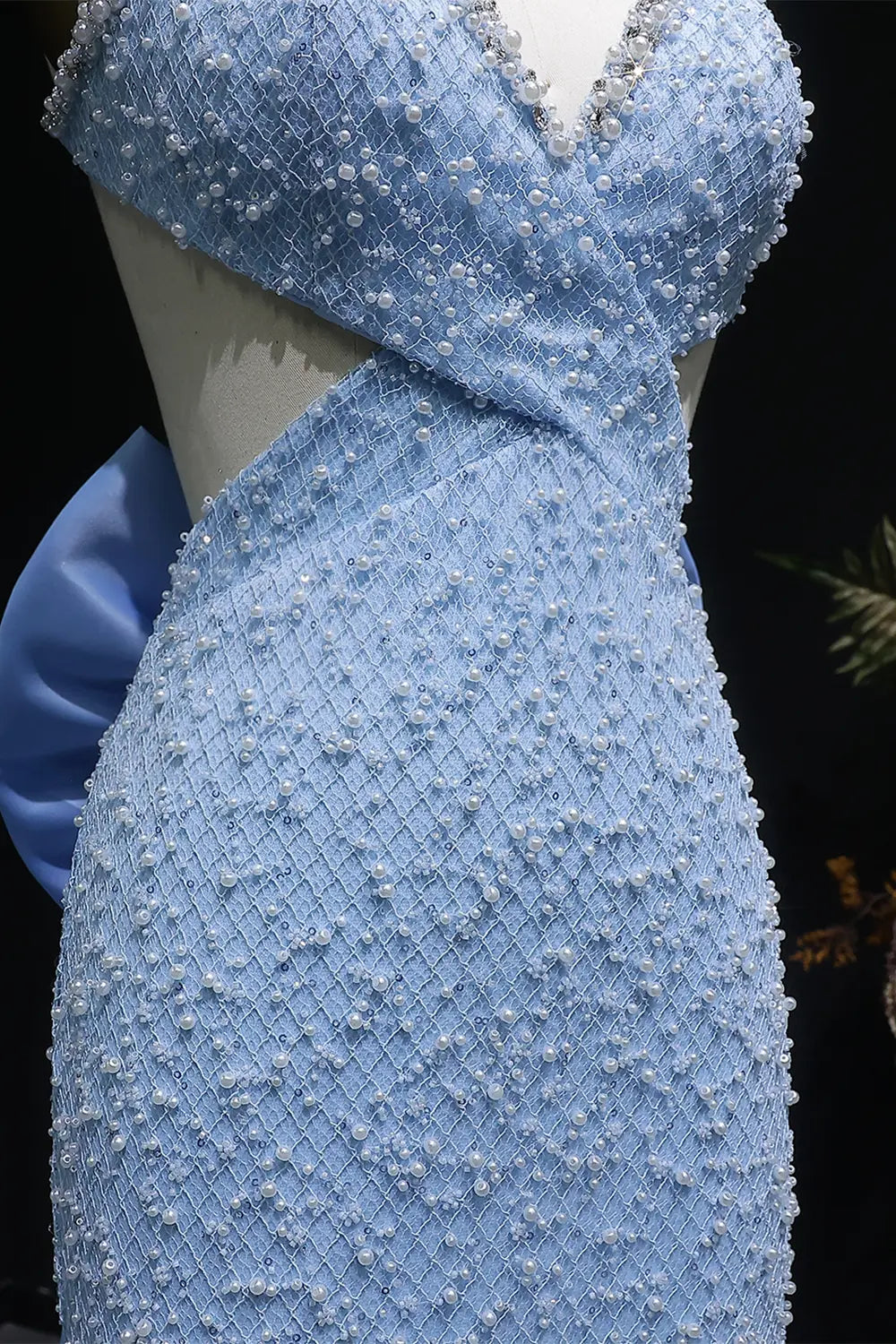 Blue Beaded Mermaid Prom Gown with Crisscross Straps and Train SH066 Sheer Fairy