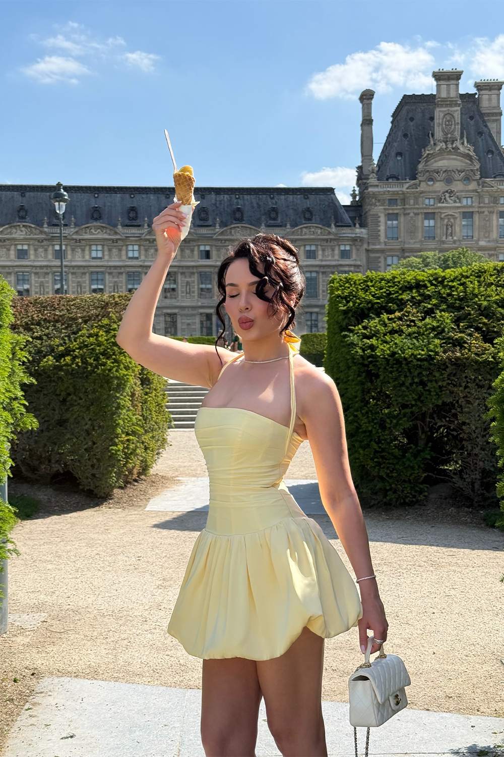 Yellow Halter Mini Dress Bubble Hem Corset Back Summer Prom Dress RM250 Sheer Fairy