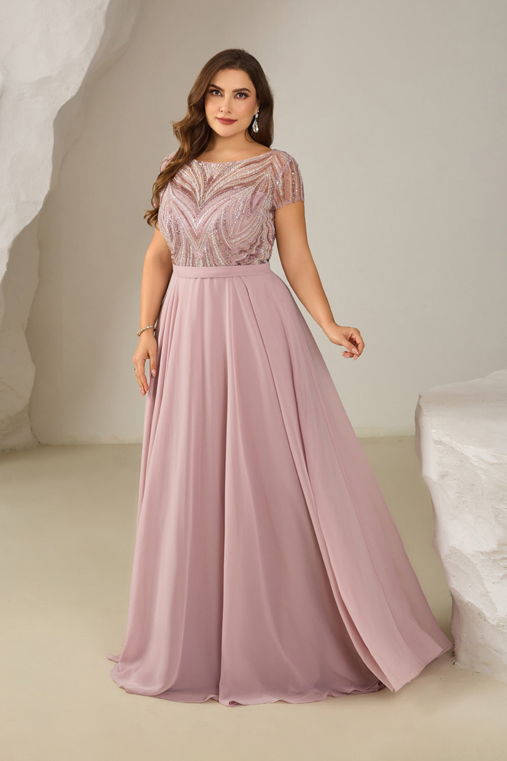 Blush Pink Beaded Bodice Chiffon A-Line Mother of the Bride Dress with Short Sleeves SF601 Sheer Fairy
