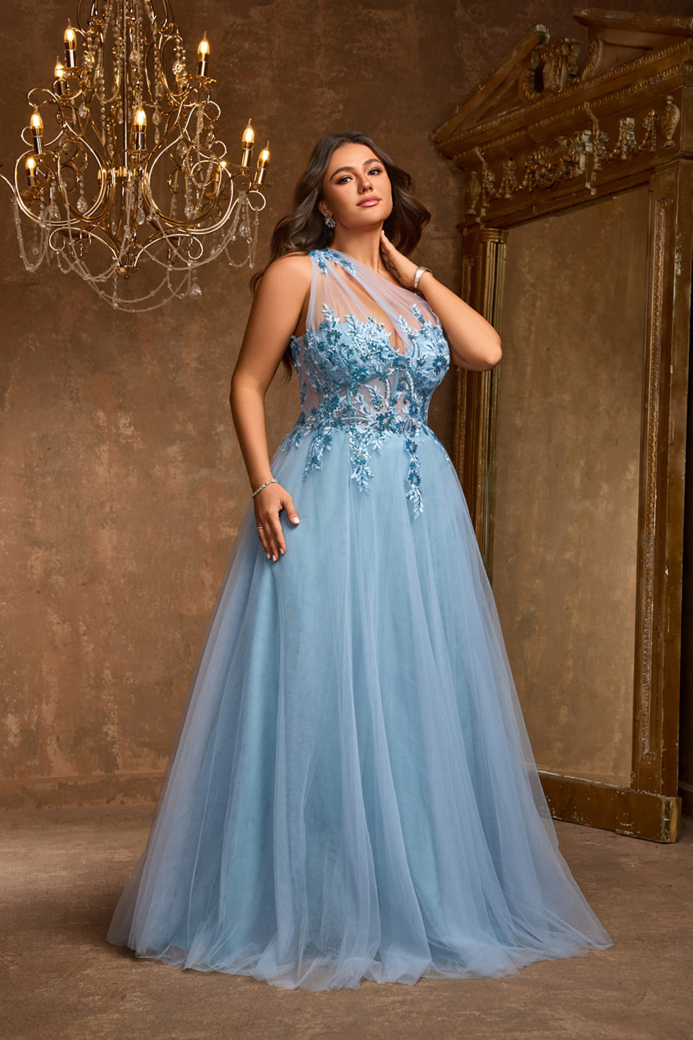 Plus Size Light Blue One Shoulder Tulle Mother of the Bride Dress with Lace Appliques SF602 Sheer Fairy